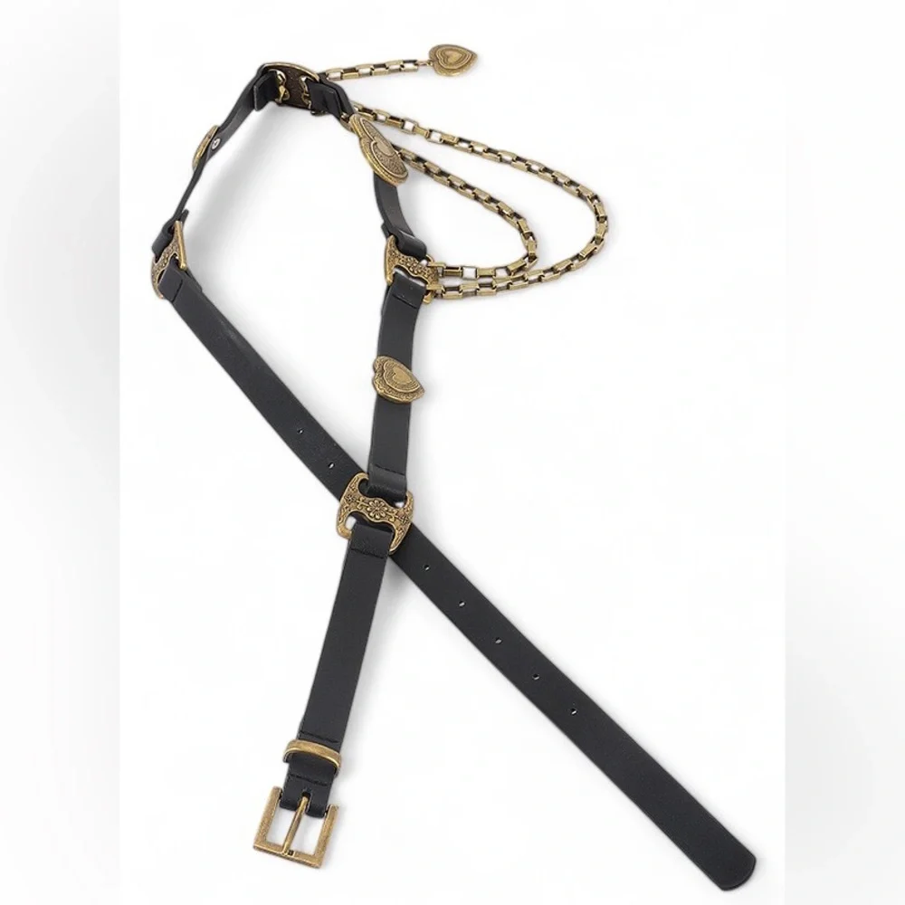 Black Vegan Leather Heart Chain Statement Belt - Gold or Silver